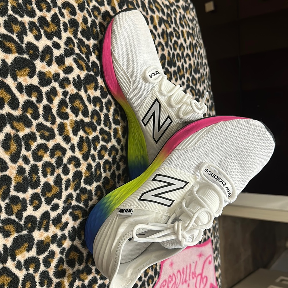 Women new balance size 7.5 white with rainbow color sole